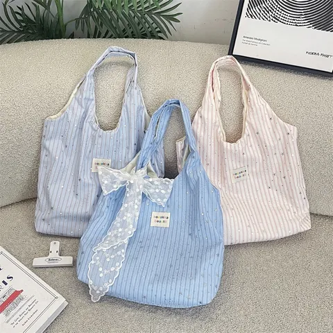 Women Star Striped Sequin Tote Bag Ins Minimalist Polyester Handbag Casual Storage Shoulder Bag With Bow Decoration Gift