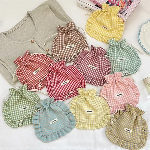 Sweet Checkered Ruffle Drawstring Storage Bag Fresh Plaid Fabric Pouch For Underwear Socks Portable Travel Organizer Cosmetic Bag