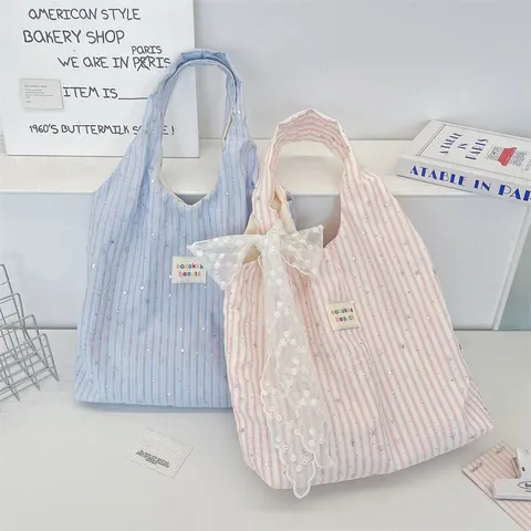 Women Star Striped Sequin Tote Bag Ins Minimalist Polyester Handbag Casual Storage Shoulder Bag With Bow Decoration Gift