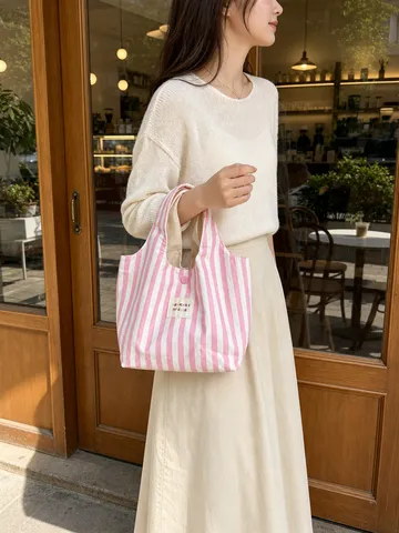 Κορεατικό Στυλ Ριγέ Τσάντα Canvas Tote για Γυναίκες Φορητή Τσάντα Φαγητού Μεγάλης Χωρητικότητας Απλή Τσάντα Χειρός Μόδας