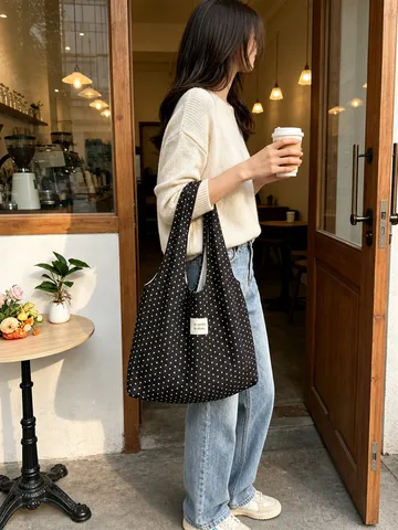 Bolso de Hombro Casual de Gasa con Lunares Plisados para Mujer Bolso Tote Ligero de Gran Capacidad para Estudiantes Viaje Versátil