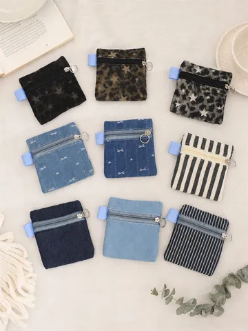 Vintage Denim Canvas Mini Coin Purse Retro Texture Zipper Earphone Storage Bag Portable Card ID Bag For Daily Use Unisex