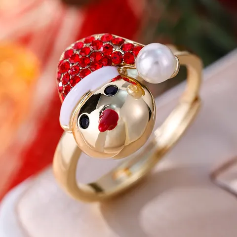 Anillo Abierto de Muñeco de Nieve de Navidad Ajustable de Cobre con Circonia Incrustada y Perla Artificial Joyería Festiva para Mujer