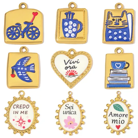 Edelstahl Emaille Italienischer Text Herz Anhänger DIY Fahrrad Kaffeetasse Schmuckherstellung Charms Für Halskette Armband Herstellung Zubehör