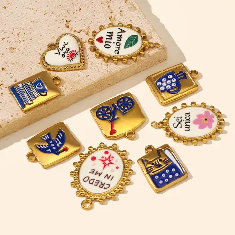 Edelstahl Emaille Italienischer Text Herz Anhänger DIY Fahrrad Kaffeetasse Schmuckherstellung Charms Für Halskette Armband Herstellung Zubehör