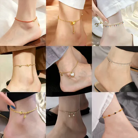 Korean Minimalist Titanium Steel Butterfly Tassel Rhinestone Anklet For Women Beach Fashion Foot Jewelry Accessories
