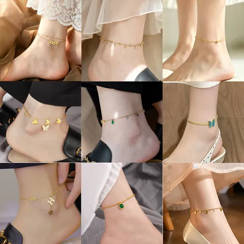 Korean Minimalist Titanium Steel Butterfly Tassel Rhinestone Anklet For Women Beach Fashion Foot Jewelry Accessories
