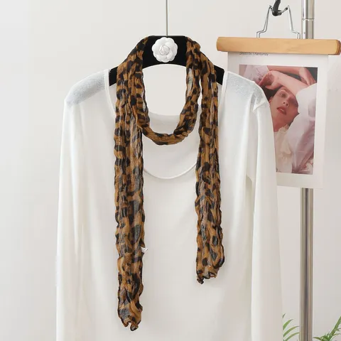 Women Pleated Skinny Scarf Leopard Polka Dot Printed Polyester Narrow Neck Tie Elegant Long Ribbon Scarves For Everyday Accessories