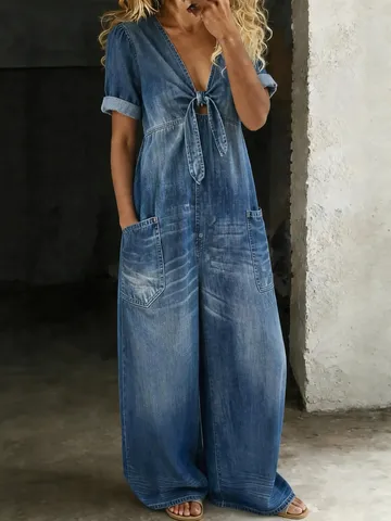 Women Casual Short Sleeve V Neck Tie Front Wide Leg Jumpsuit Solid Color Loose Summer Denim Style Polyester Romper With Pockets