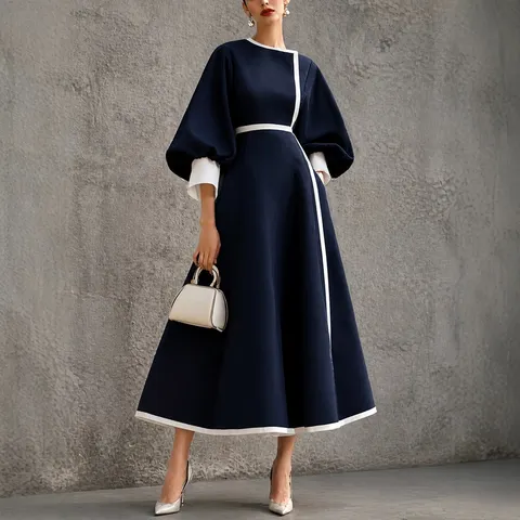 Women Elegant Patchwork Midi Dress Lantern Sleeve Slim Waist Round Neck Polyester Spandex Contrast Color Commuter Dress