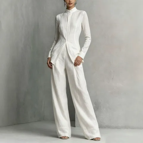 Conjunto De Camisa Con Cuello Alto Y Pantalón Ancho Para Mujer Diseño Liso Minimalista De Parte Superior E Inferior De Oficina