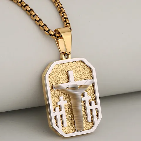 Fashion 304 Stainless Steel Religious Cross Dog Tag Pendant Necklace For Men Hip Hop Geometric Square Jewelry Gift Accessory