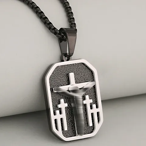 Fashion 304 Stainless Steel Religious Cross Dog Tag Pendant Necklace For Men Hip Hop Geometric Square Jewelry Gift Accessory