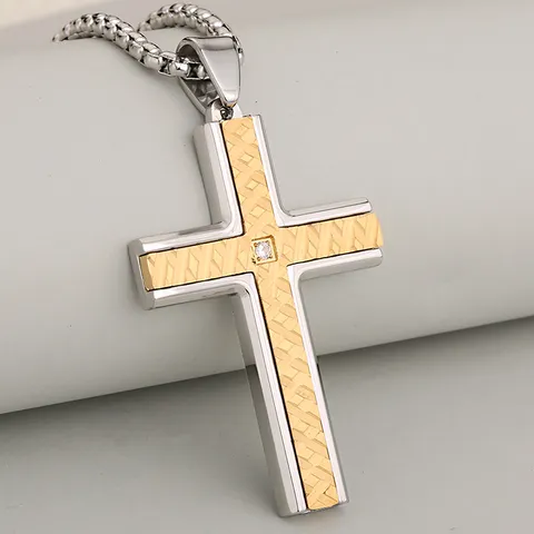 304 Stainless Steel Bark Texture Cross Pendant Rhinestone Inlaid Vintage Individual Punk Necklace For Men Women Daily Jewelry
