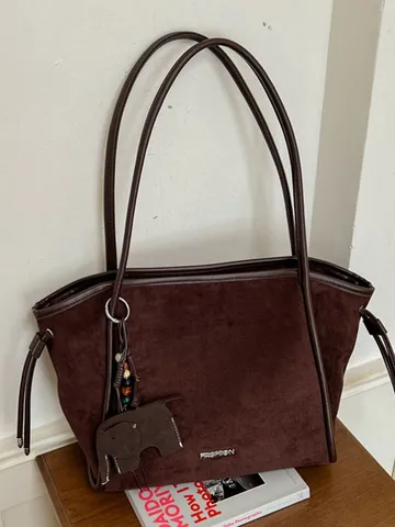 Vintage Suede Women Tote Bag Large Capacity Minimalist Shoulder Bag Retro Solid Color Daily Commute Casual Handbag Top Handle Bag