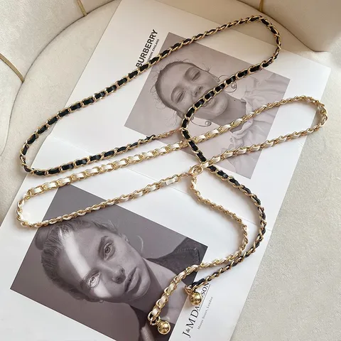 Vintage Zinc Alloy Metal Chain Waist Belt For Women Woven Faux Leather Decorative Dress Belt Thin Gold Link Retro Waistband
