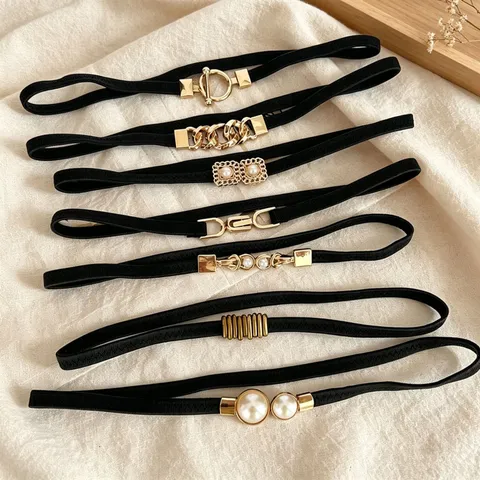 Women Elastic Pearl Belt Fashion Thin Waistband With Alloy Interlock Buckle Black Stretch Cinch Belt For Dress Skirt Accessories