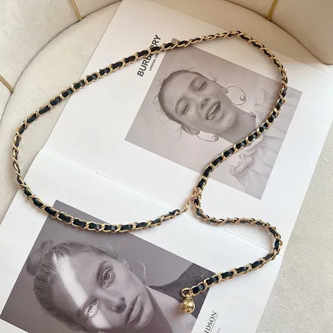 Vintage Zinc Alloy Metal Chain Waist Belt For Women Woven Faux Leather Decorative Dress Belt Thin Gold Link Retro Waistband