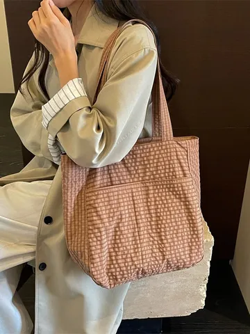 Koreanischer Stil Karo Seersucker Tragetasche Damen Große Kapazität Umhängetasche Lässige Pendler Handtasche Einkaufstasche