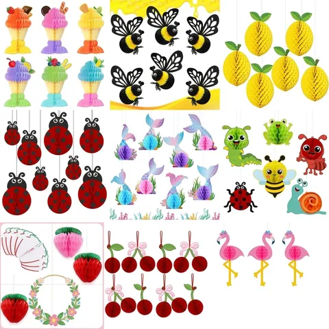 Summer Party Honeycomb Pendants Hawaiian Birthday Party Decorations Fruit And Animal Paper Hanging Ornaments