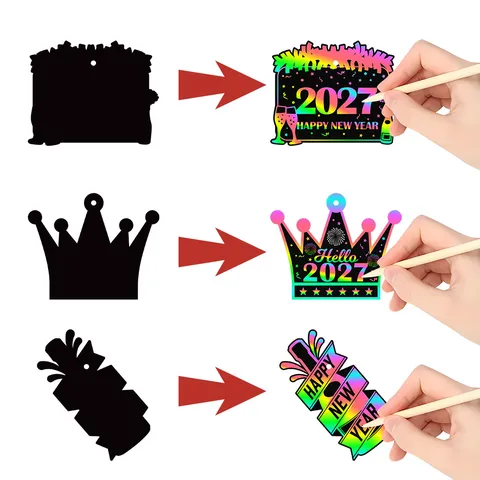 Tarjetas Rasca de Año Nuevo Fiesta Colgantes Etiquetas Manualidades DIY Holográficas Pintura Arco Iris Tarjetas Con Palos de Madera y Cintas para Niños