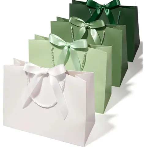 Sac en Papier de Carton Blanc Exquis Avec Nœud en Ruban Fond Carré Sac Cadeau Portatif Pour Vêtements Shopping Mariage Fête Paquet