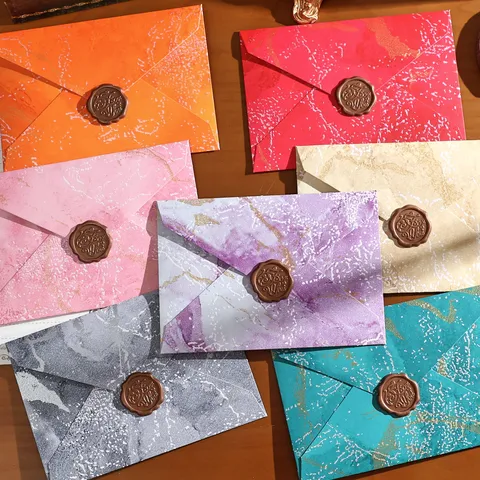 Ensemble de Papeterie Enveloppe Style Western Rétro Motif Marbre Papier à Lettre Coloré Minimaliste Avec Autocollants Sceau de Cire Pour Mariage