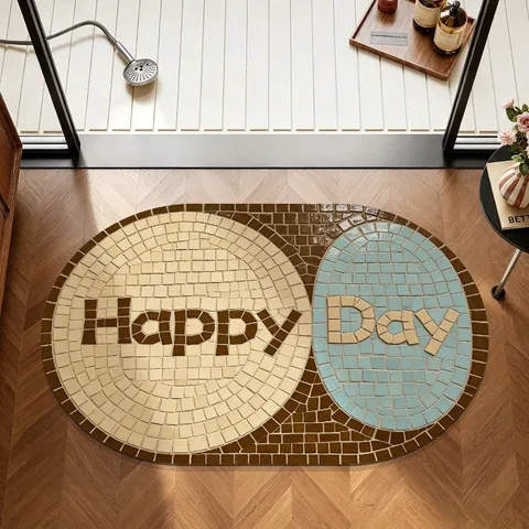 Tapis de Bain en Terre de Diatomée Rétro Mosaïque Antidérapant Ovale pour Salle de Bain Toilettes Entrée Avec Motif Oiseaux et Lettres