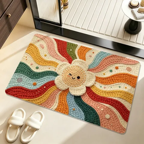 Dopamin-Cartoon-Stil Leinenimitat Badezimmermatte Rutschfeste Saugfähige Eingangsmatte Vintage Wellen Sonnenblumen Teppich Für Toilette