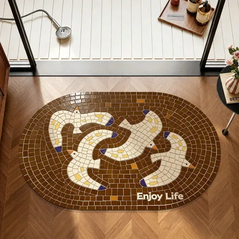 Tapis de Bain en Terre de Diatomée Rétro Mosaïque Antidérapant Ovale pour Salle de Bain Toilettes Entrée Avec Motif Oiseaux et Lettres