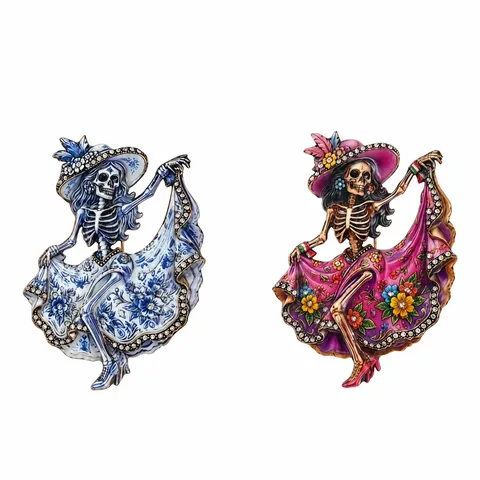 Broche Squelette Fille Qui Danse Jour Des Morts Halloween Floral Alliage De Zinc Strass Émail Broches Cadeau Bijoux De Costume Pour Femmes Hommes