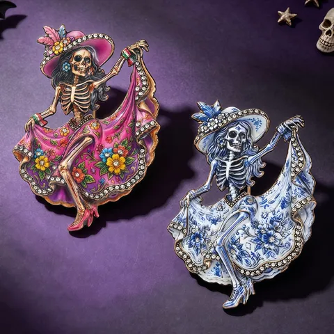 Day Of The Dead Dancing Girl Skeleton Brooch Pin Halloween Floral Zinc Alloy Rhinestone Enamel Brooches Holiday Costume Jewelry Gift For Women Men