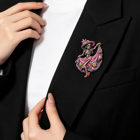Day Of The Dead Dancing Girl Skeleton Brooch Pin Halloween Floral Zinc Alloy Rhinestone Enamel Brooches Holiday Costume Jewelry Gift For Women Men