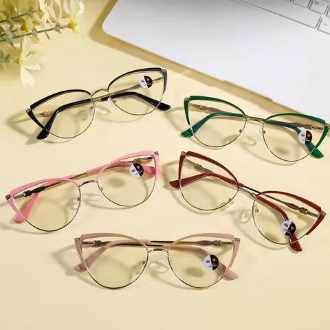 Women's Cat Eye Glasses Frame Metal Rhinestone Photochromic Blue Light Blocking Fashion Clear Lens Eyeglasses