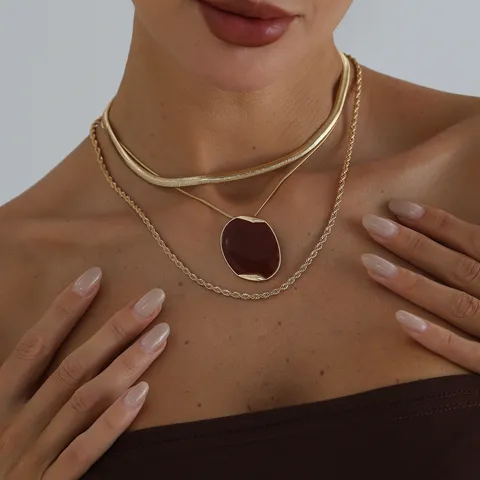 Collana in Lega di Zinco Ematite Resina a Catena a Osso di Serpente per Donna Pendente Ovale Rosso Vino Orecchini