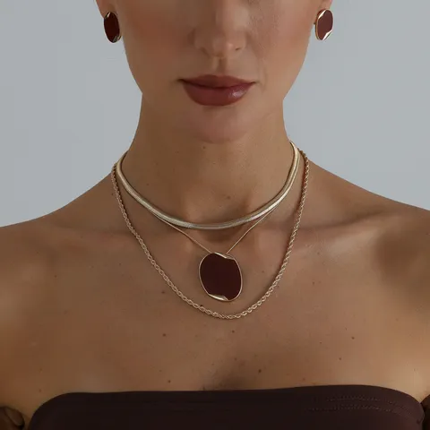 Collana in Lega di Zinco Ematite Resina a Catena a Osso di Serpente per Donna Pendente Ovale Rosso Vino Orecchini