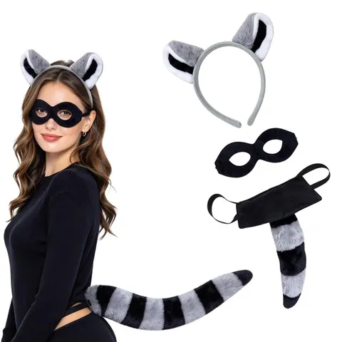 Set di Fascia per Orecchie da Procione di Halloween Maschera di Coda Pelliccia Sintetica Accessori per Costumi Cosplay per Adulti Festa
