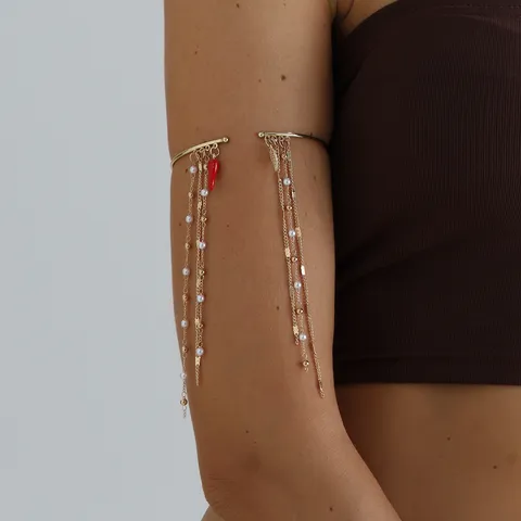 Vintage Tassel Upper Arm Bracelet Gold Metal Bangle With Chili Cross Artificial Pearl Rhinestone Pendants Women Jewelry