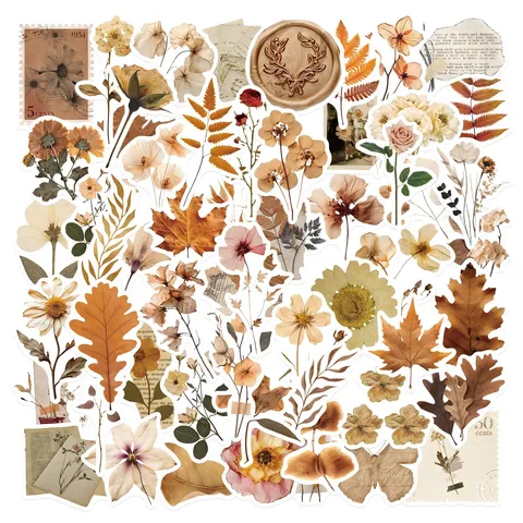 Vintage Botánico Flores Secas Hoja Pegatinas PVC Impermeable Estético Scrapbook Decals para Portátil Maleta Papelería Decoración