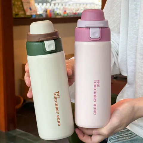 Stainless Steel Dual Drink Thermos Cup With Flip Top Lid Portable Vacuum Water Bottle For Car Outdoor Simple Insulated Bottle
