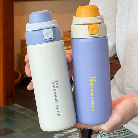 Stainless Steel Dual Drink Thermos Cup With Flip Top Lid Portable Vacuum Water Bottle For Car Outdoor Simple Insulated Bottle
