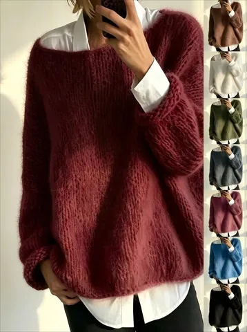 Women Lazy Style Knitted Sweater Top Loose Solid Color Round Neck Pullover Long Sleeve Soft Warm Autumn Winter Clothing