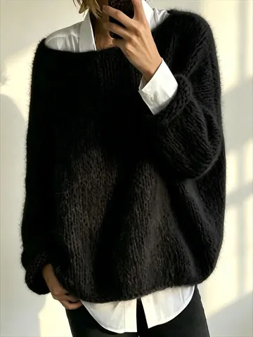Women Lazy Style Knitted Sweater Top Loose Solid Color Round Neck Pullover Long Sleeve Soft Warm Autumn Winter Clothing