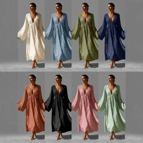 Vestido Maxi de Manga Larga Con Cuello en V para Mujer Estilo Vacaciones Suelto Dobladillo Grande Poliéster Otoño Invierno
