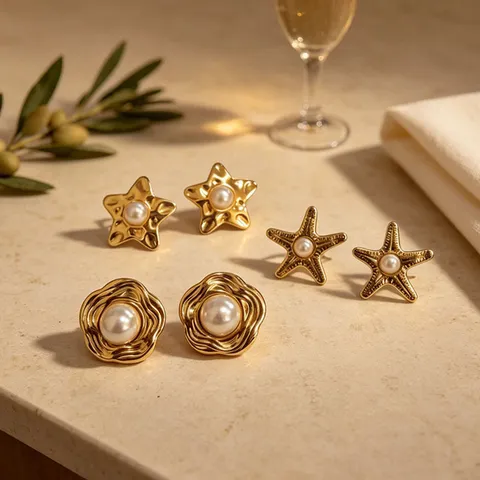 French Style Stainless Steel Gold Plated Artificial Pearl Starfish Flower Stud Earrings For Women Niche Design Luxurious Earrings Jewelry