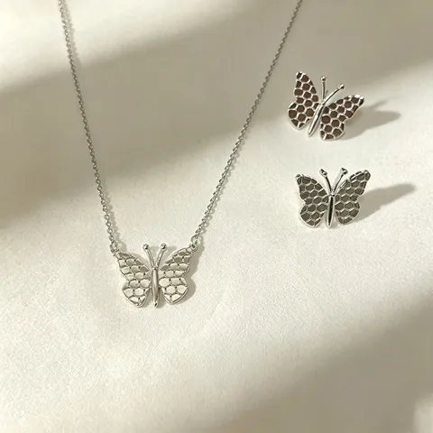 Luxury Butterfly Jewelry Set Gold Silver Plated Brass Hollow Mesh Pendant Necklace Stud Earrings For Women Fashion Jewelry Accessory