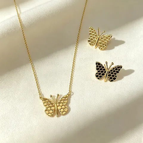 Luxury Butterfly Jewelry Set Gold Silver Plated Brass Hollow Mesh Pendant Necklace Stud Earrings For Women Fashion Jewelry Accessory