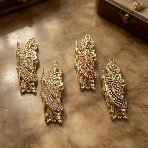 18K Gold Plated Copper Saint Father Religious Figure Charm With Pave Zirconia For DIY Necklace Bracelet Jewelry Making