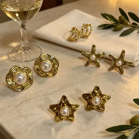 French Style Stainless Steel Gold Plated Artificial Pearl Starfish Flower Stud Earrings For Women Niche Design Luxurious Earrings Jewelry