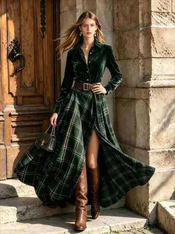 Retro Ethnic Women Velvet Plaid Patchwork Maxi Dress Long Sleeve Lapel High Waist Pleated Belted A-line Swing Long Gown